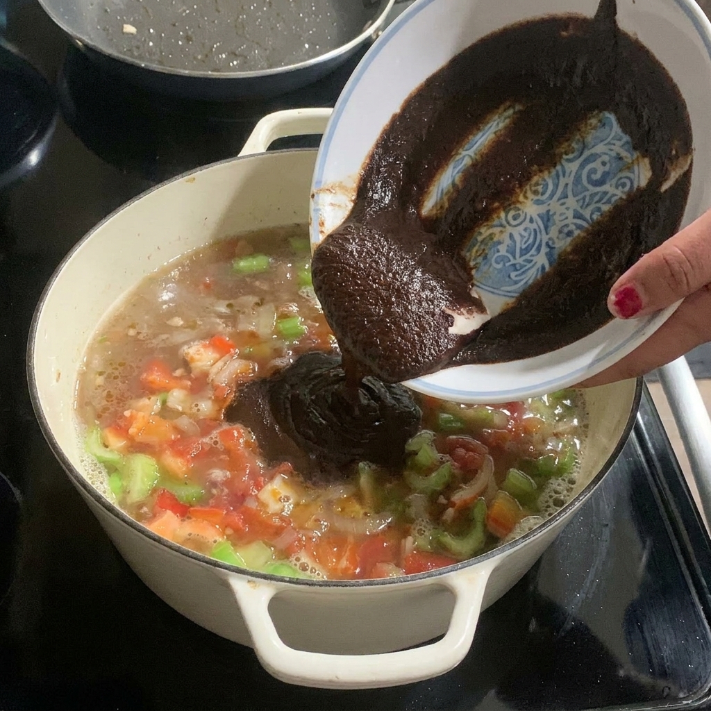 Dunkle Mehlschwitze wird aus einer Schüssel in den köchelnden Topf mit Gemüse und Fleisch gegeben.