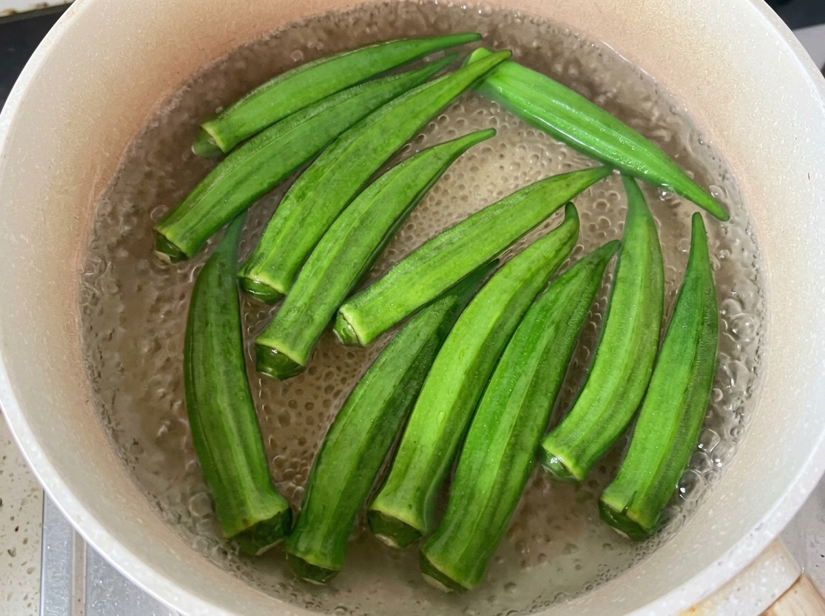 Grüne Okraschoten kochen in einem Topf mit sprudelndem Wasser.