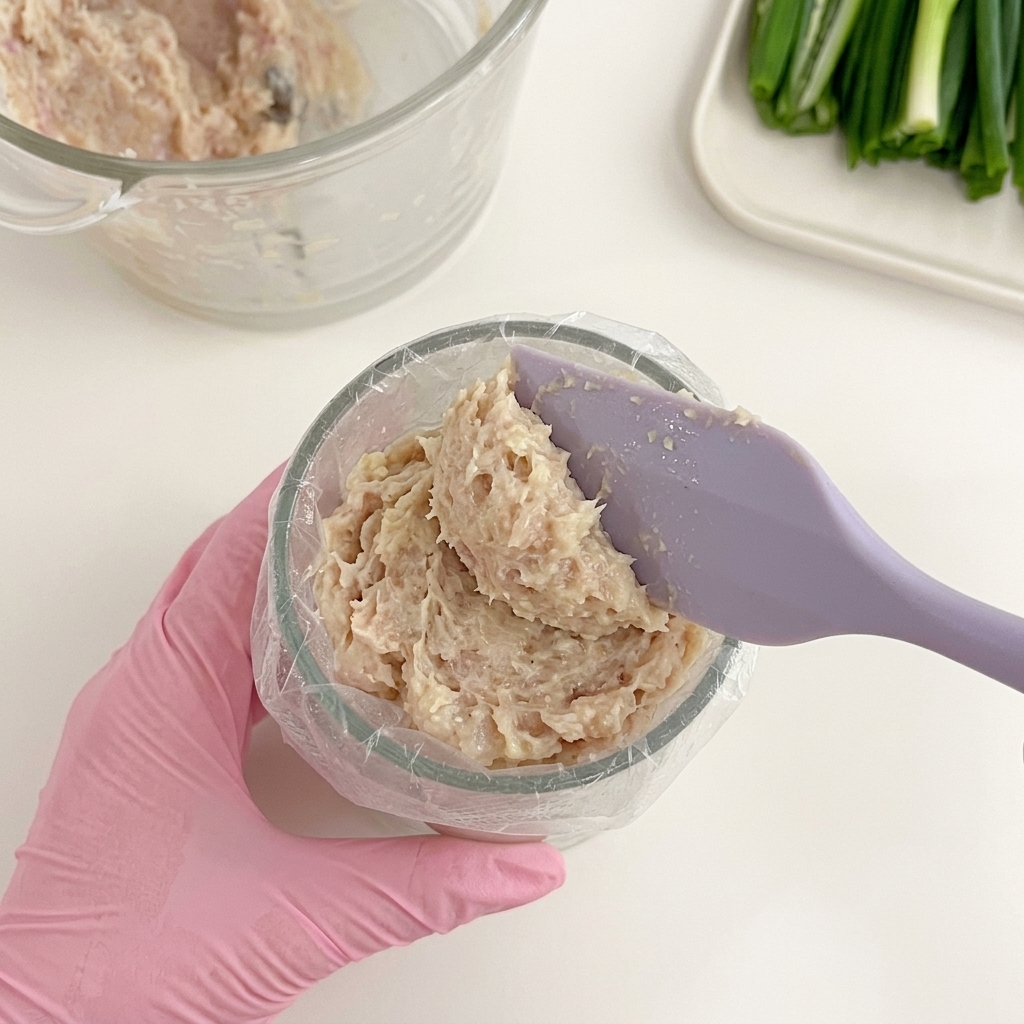 Hähnchenpaste wird mit einem Silikonspatel in einen transparenten Spritzbeutel gefüllt.