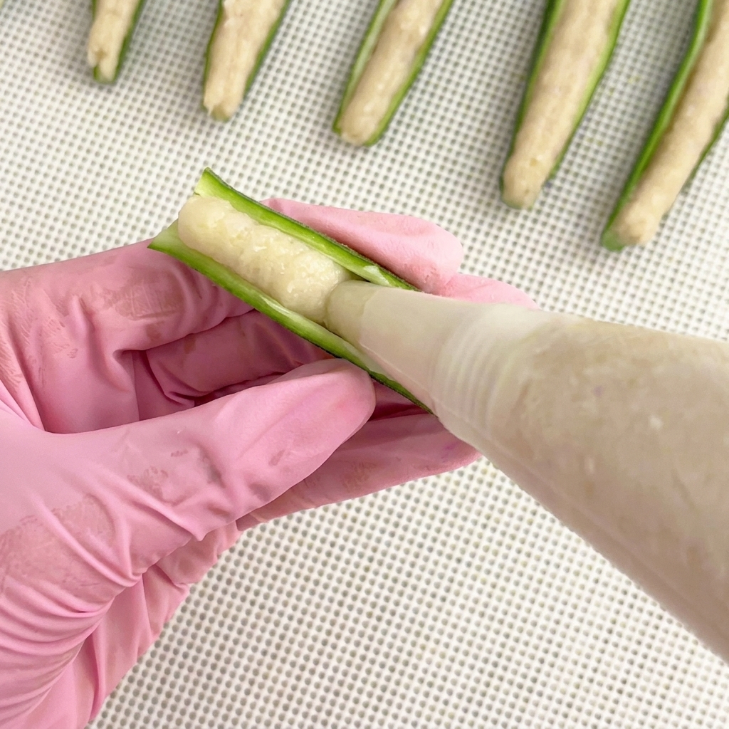 Hähnchenpaste wird mit einem Spritzbeutel in die hohlen Okrahälften gespritzt.