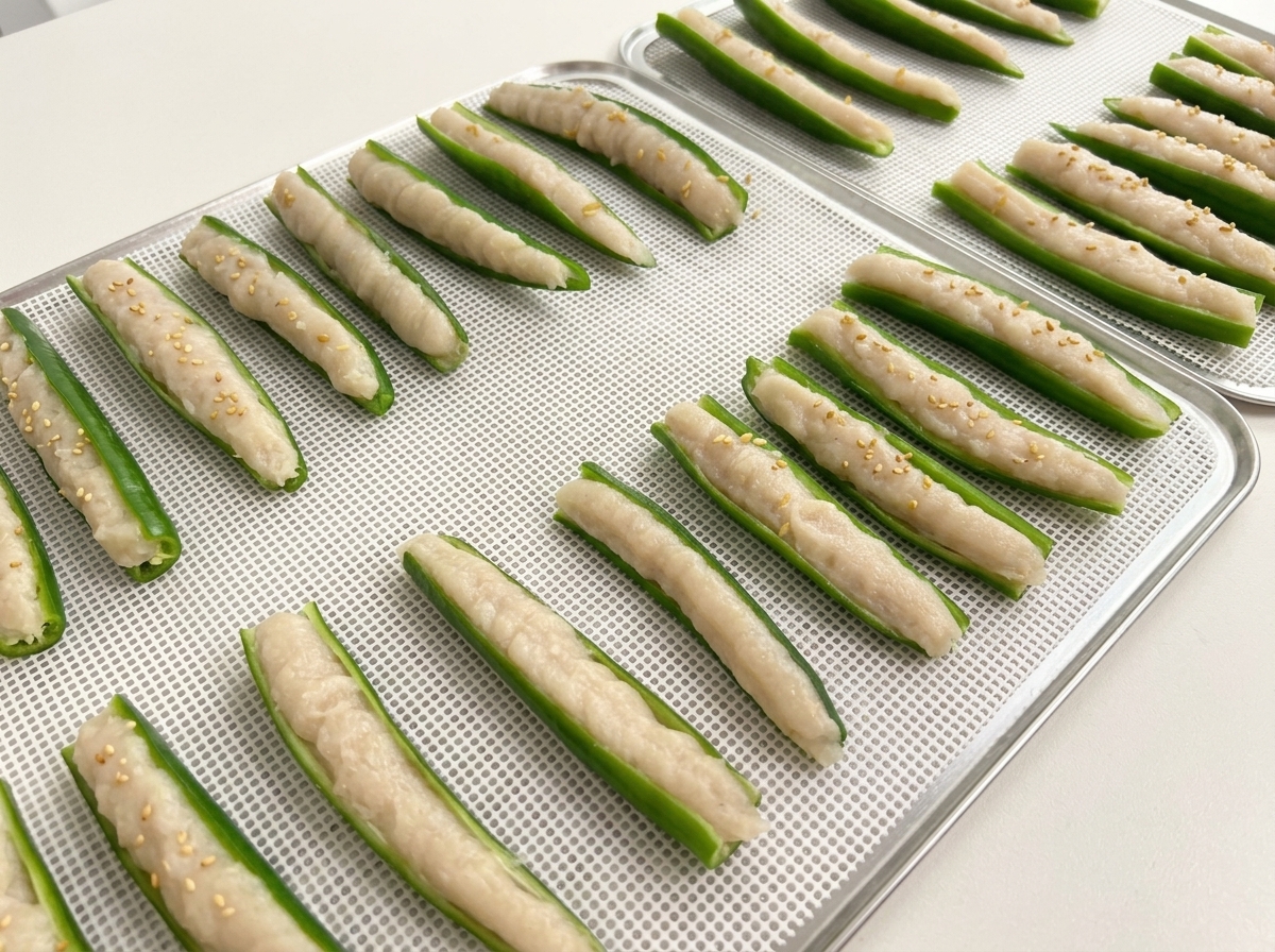 Gefüllte Okraschoten auf Dehydrator-Gittern, bestreut mit weißem Sesam.