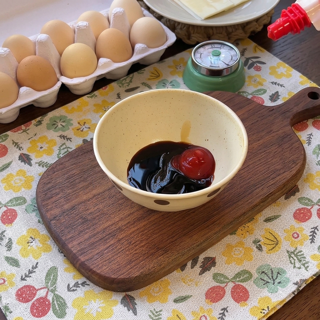 Kleine Schale mit Sojasauce, Austernsauce, Ketchup und etwas Speisestärke auf einem Holzbrett.