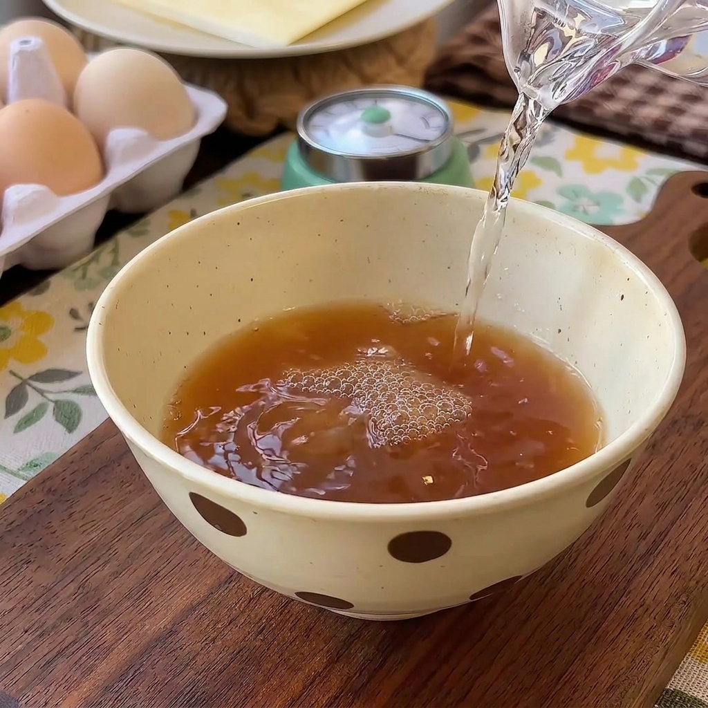 Klares Wasser wird aus einer Glaskaraffe in eine Schale mit dunkelroter Sauce gegossen.