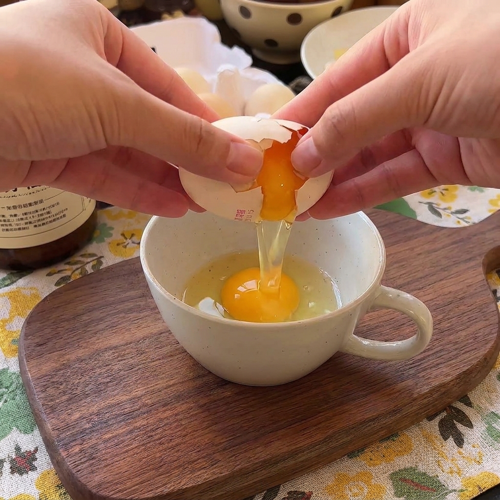 Hände schlagen ein Ei in eine gefleckte Keramiktasse auf, in der bereits ein Ei ist.
