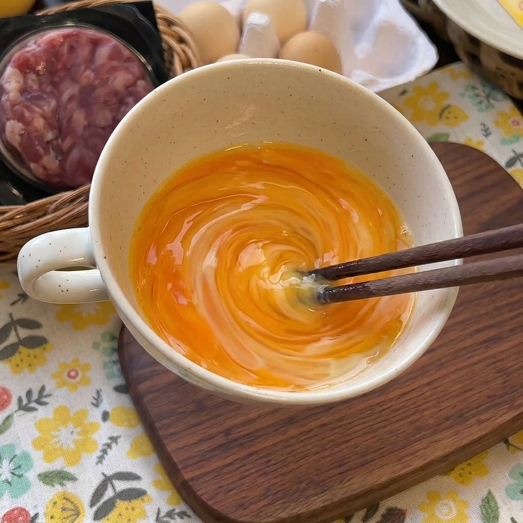 Essstäbchen rühren eine gelbe Ei-Milch-Mischung in einer weißen Tasse um.