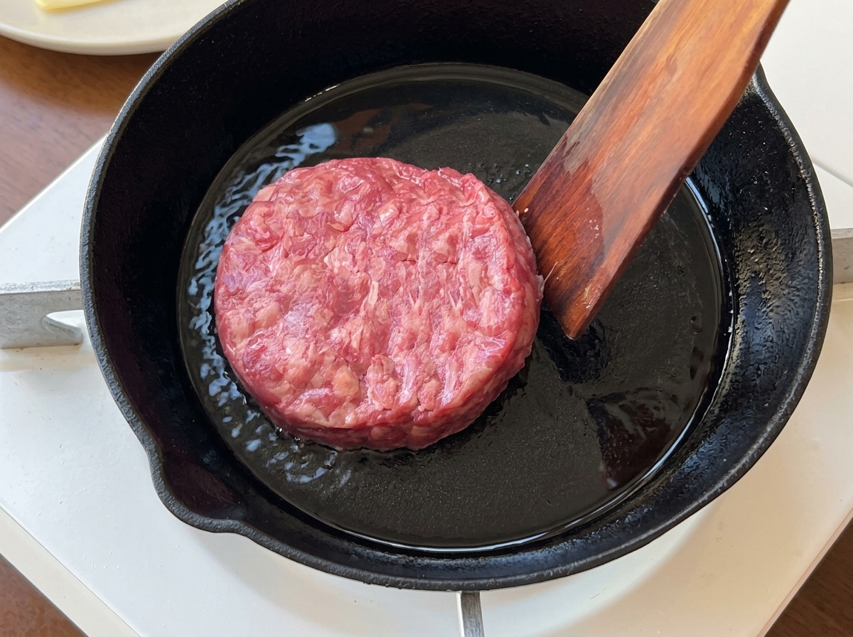 Ein rohes Rinderpatty wird mit einem Holzspatel in eine heiße, gusseiserne Pfanne gelegt.