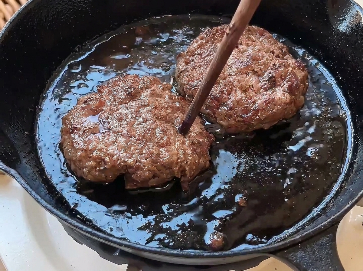 Ein Essstäbchen sticht in ein gebratenes Patty in einer gusseisernen Pfanne.