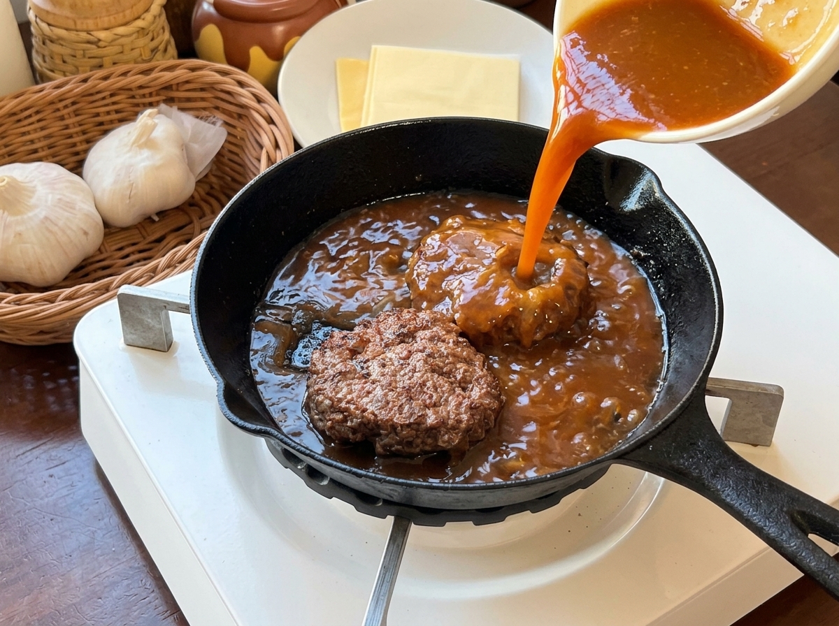 Eine braune Sauce wird aus einer weißen Schale über das Fleisch in der Pfanne gegossen.