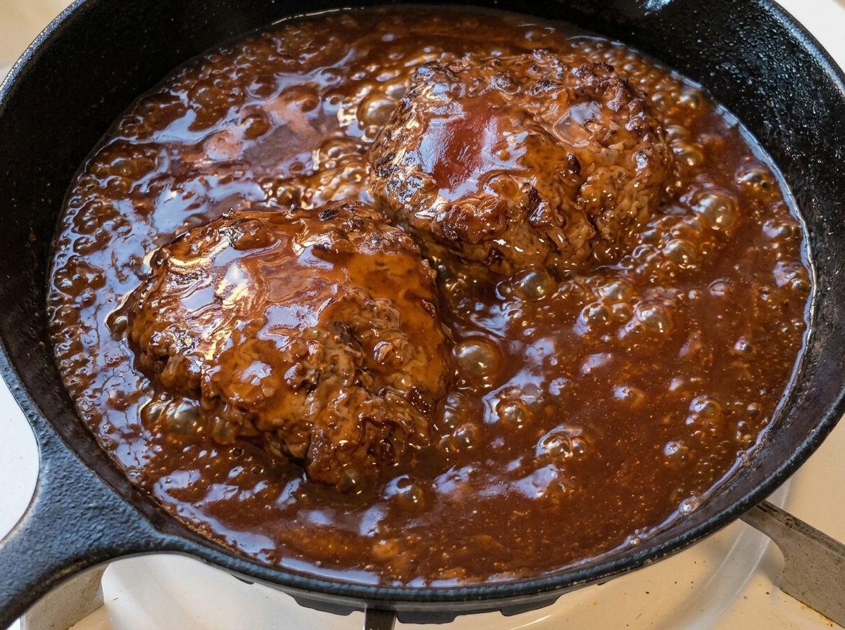 Ein Hacksteak köchelt in einer dunklen, blubbernden Sauce in einer Pfanne.