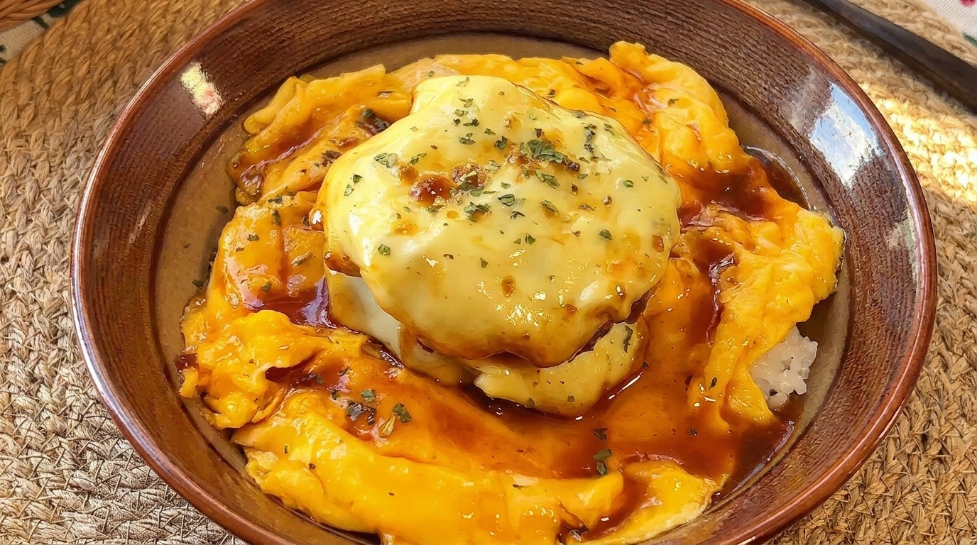 Japanische Käse-Hacksteak Bowl mit Reis und Rührei