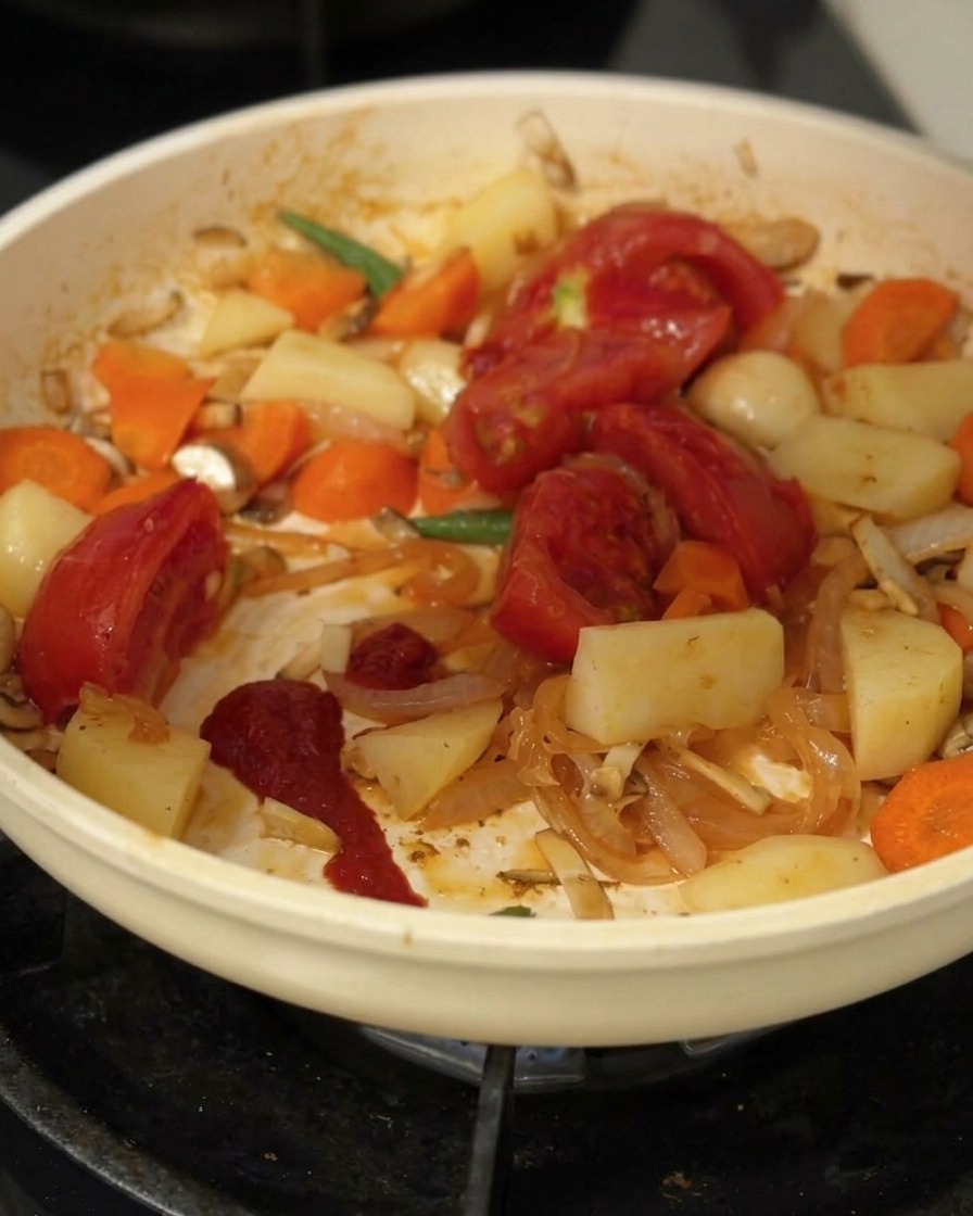 Geviertelte Tomaten und Tomatenmark in einer Pfanne mit Kartoffeln, Karotten und Zwiebeln.