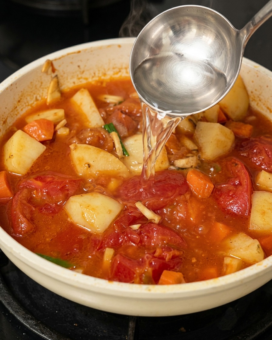 Eine Kelle gießt heißes Wasser in eine Pfanne mit brodelnder Curry-Gemüse-Mischung.