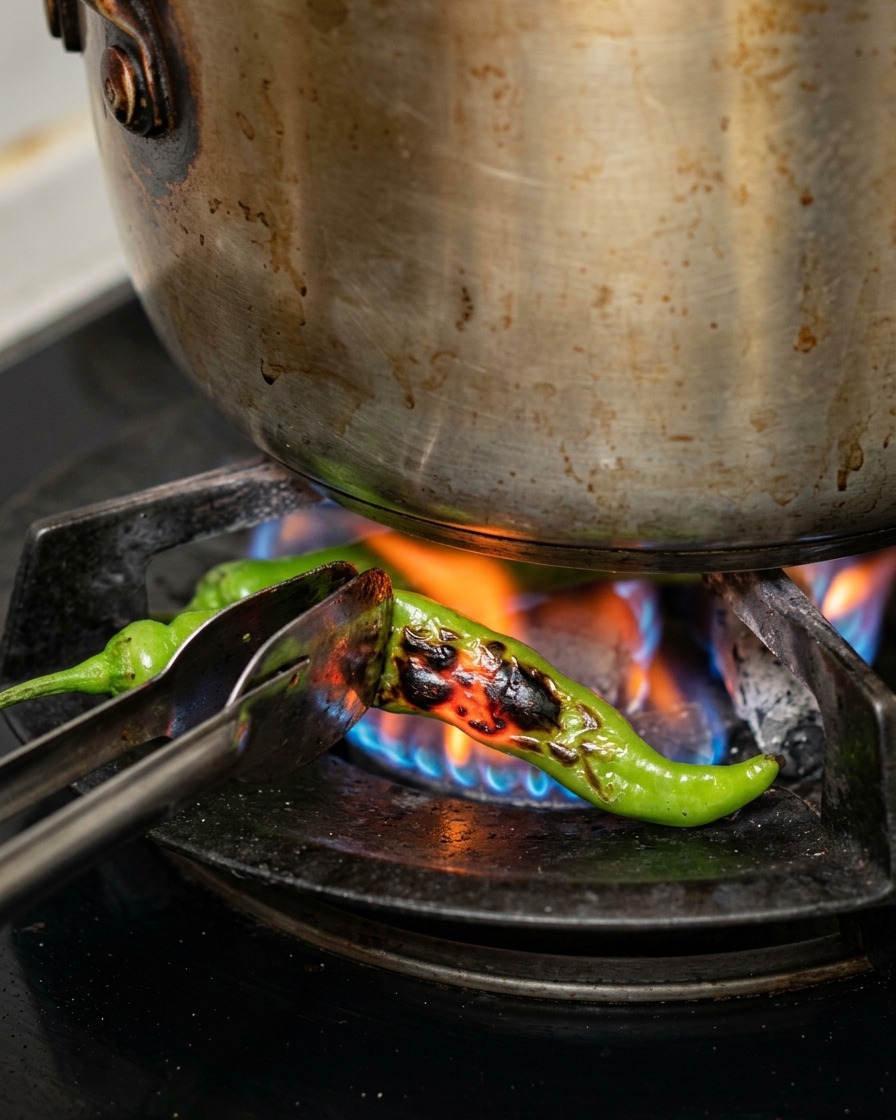 Eine grüne Paprika wird mit einer Zange direkt über die blaue Gasflamme gehalten.
