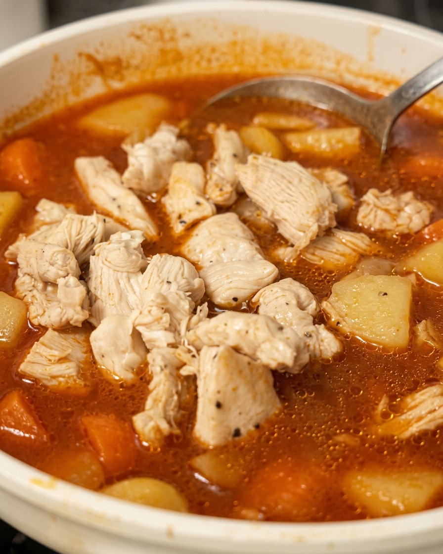 Hähnchenstücke werden unter ein köchelndes rotes Curry mit Kartoffeln und Karotten gerührt.