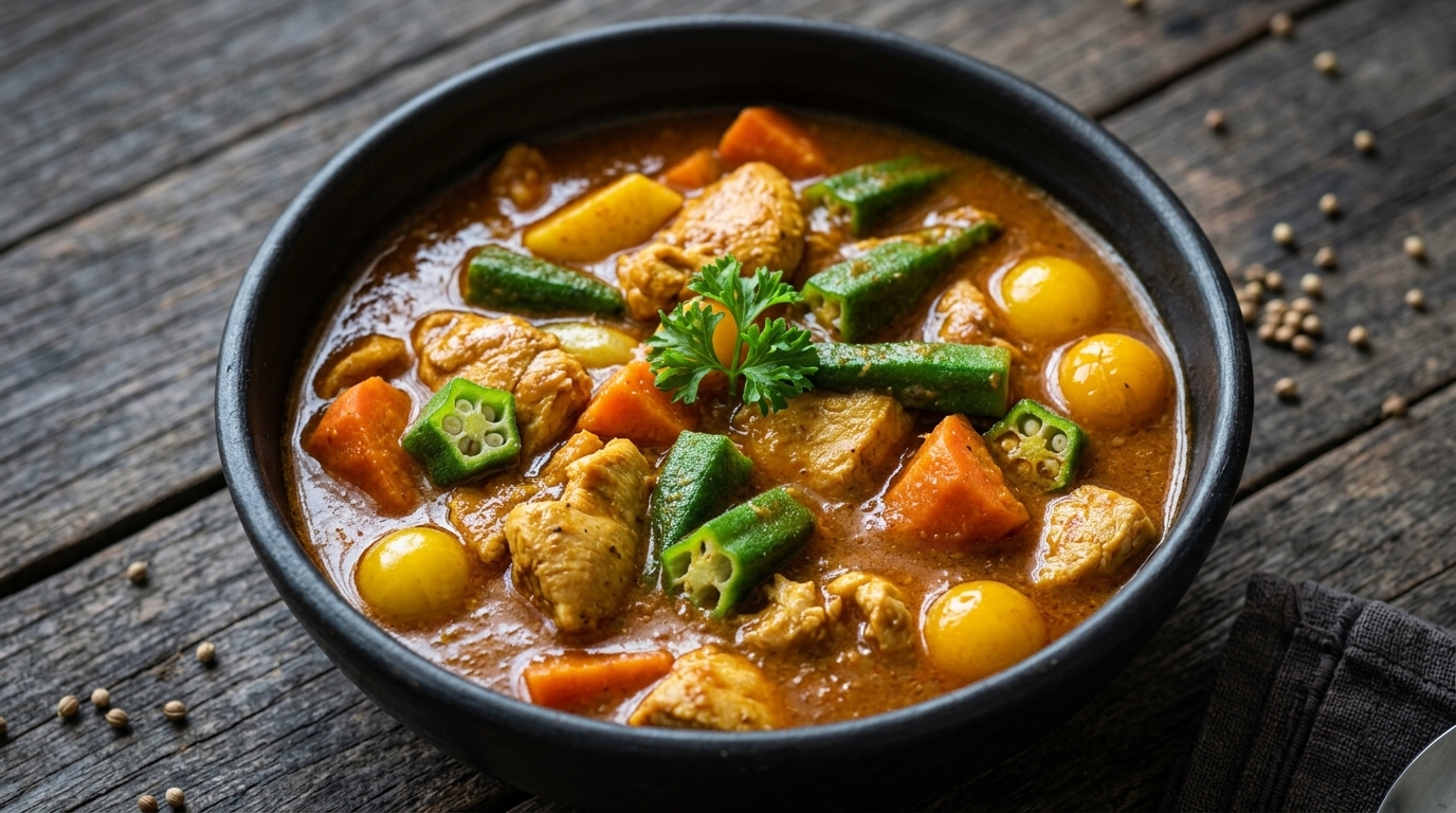 Seidiges Okra-Hähnchen-Curry mit Pasta und gerösteter Paprika