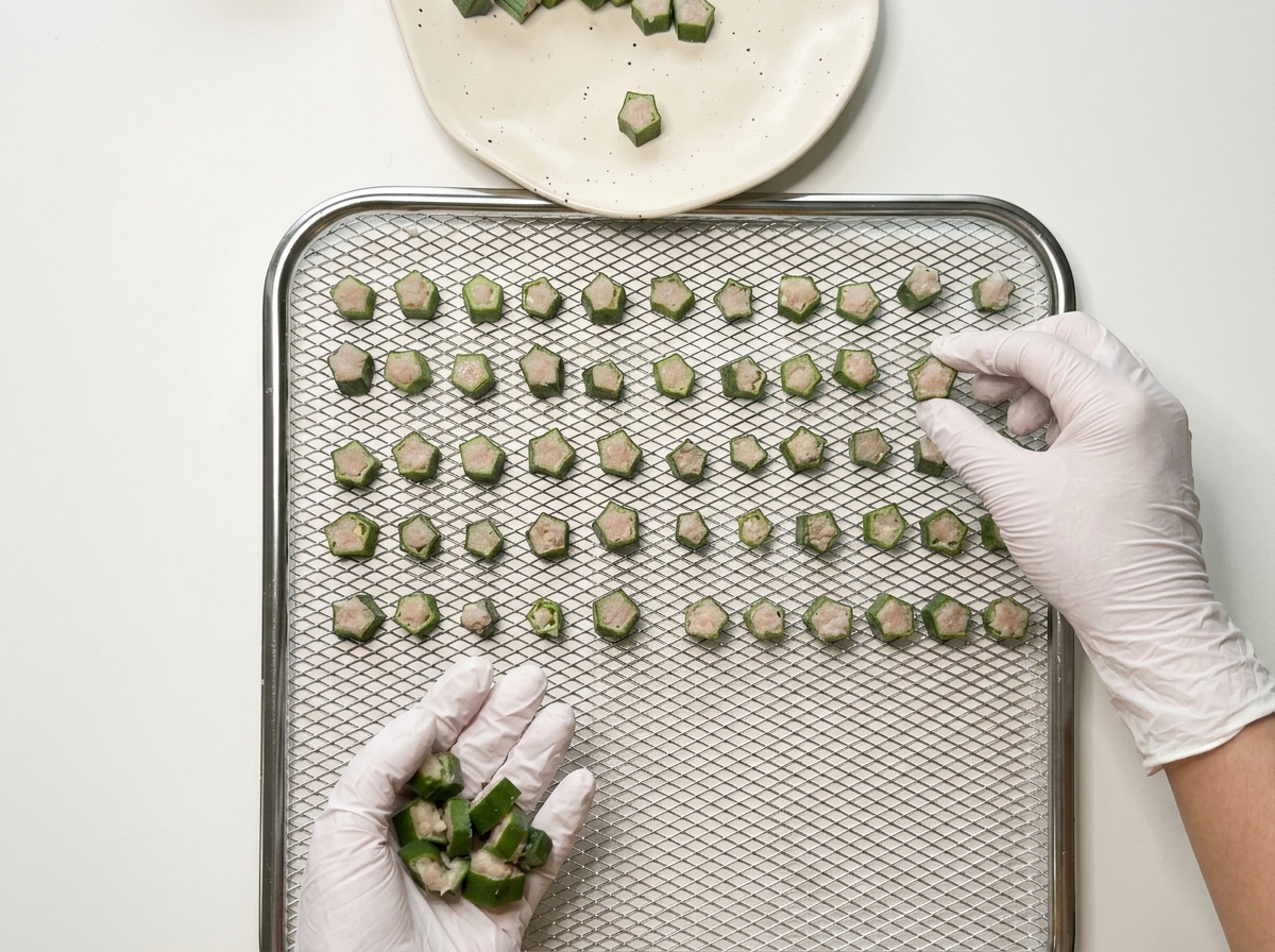 Okra-Sterne werden gleichmäßig auf einem Metall-Dörrgitter angeordnet.