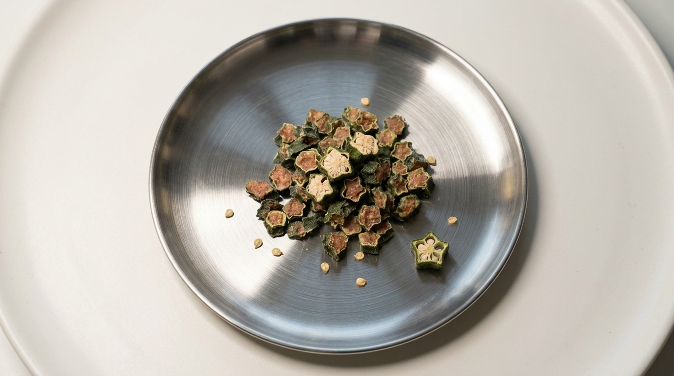Nahaufnahme von getrockneten, sternförmigen Okra-Leckerlis mit Hähnchenfüllung auf einem Metallteller.