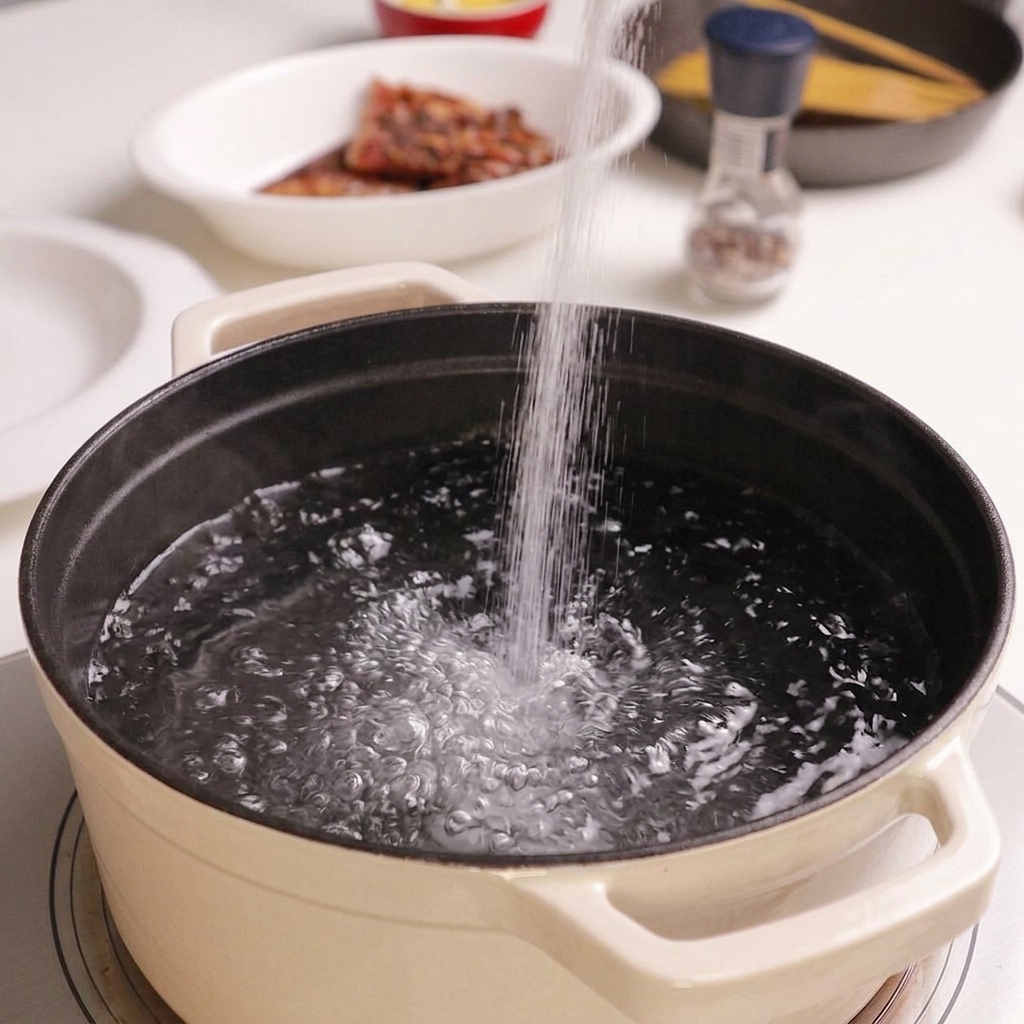 Salz wird in einen weißen Topf mit sprudelnd kochendem Wasser geschüttet.