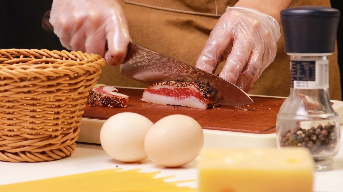 Hände mit Handschuhen schneiden ein Stück Guanciale auf einem Holzbrett in dicke Scheiben.