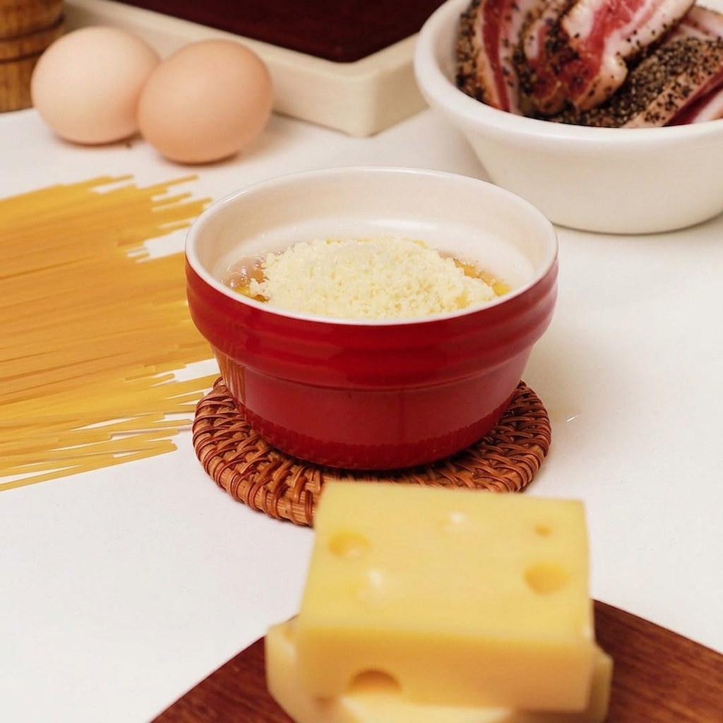 Ein Haufen fein geriebener Käse liegt auf rohen Eiern in einer roten Schüssel.