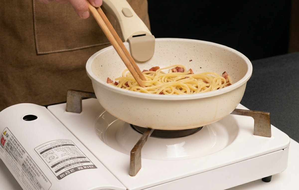 Heiße Spaghetti und knuspriges Guanciale werden mit Holzstäbchen in einer Pfanne vermischt.