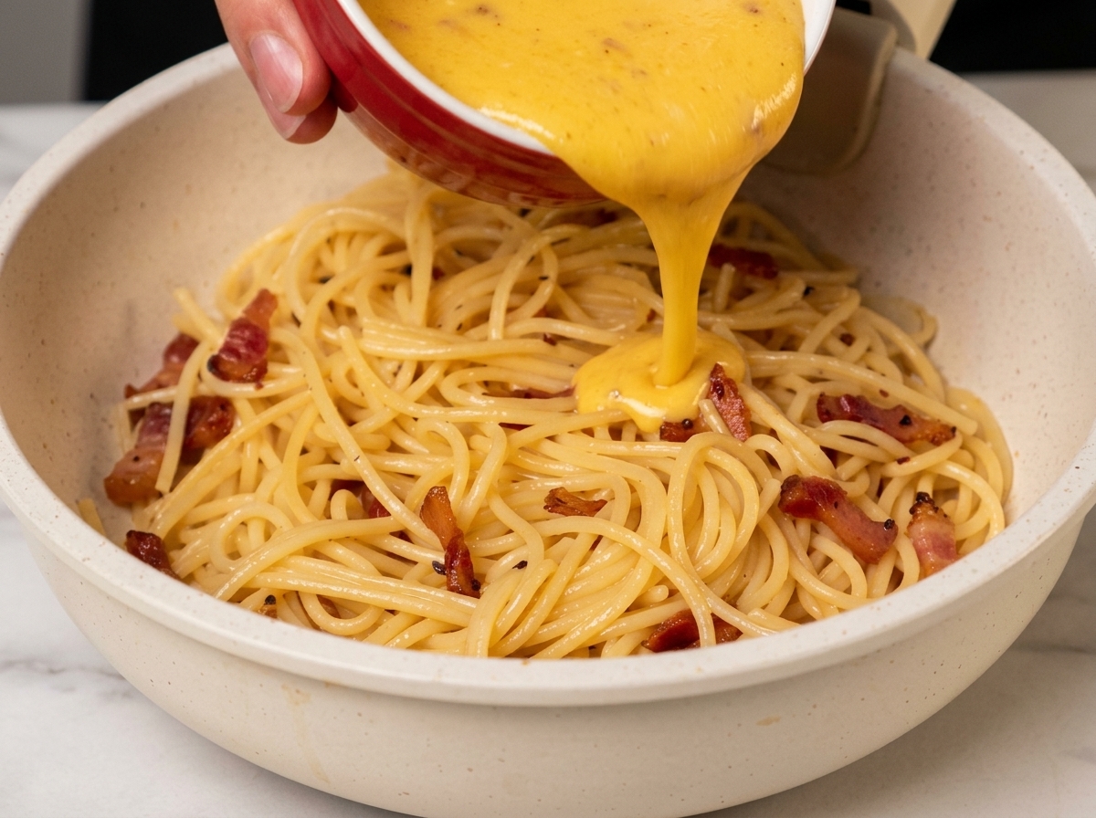 Eine sattgelbe Ei-Käse-Mischung wird aus einer roten Schale über Spaghetti und Guanciale gegossen.