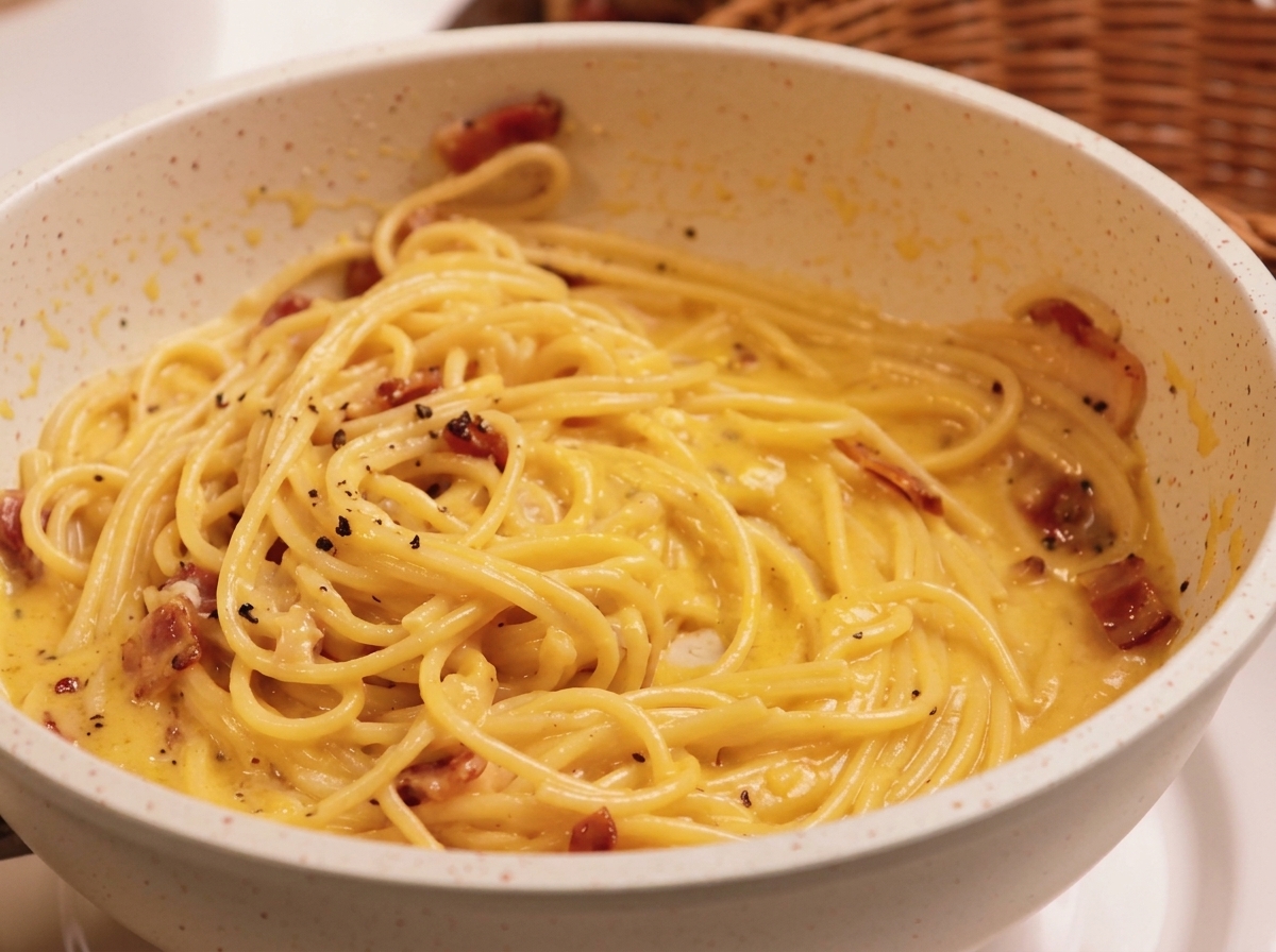 Spaghetti, die vollständig mit einer glänzenden Ei-Käse-Sauce und Guanciale überzogen sind.