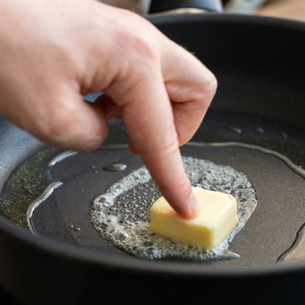 Ein Finger schiebt ein Stück Butter in eine Pfanne mit einer kleinen Menge Öl.