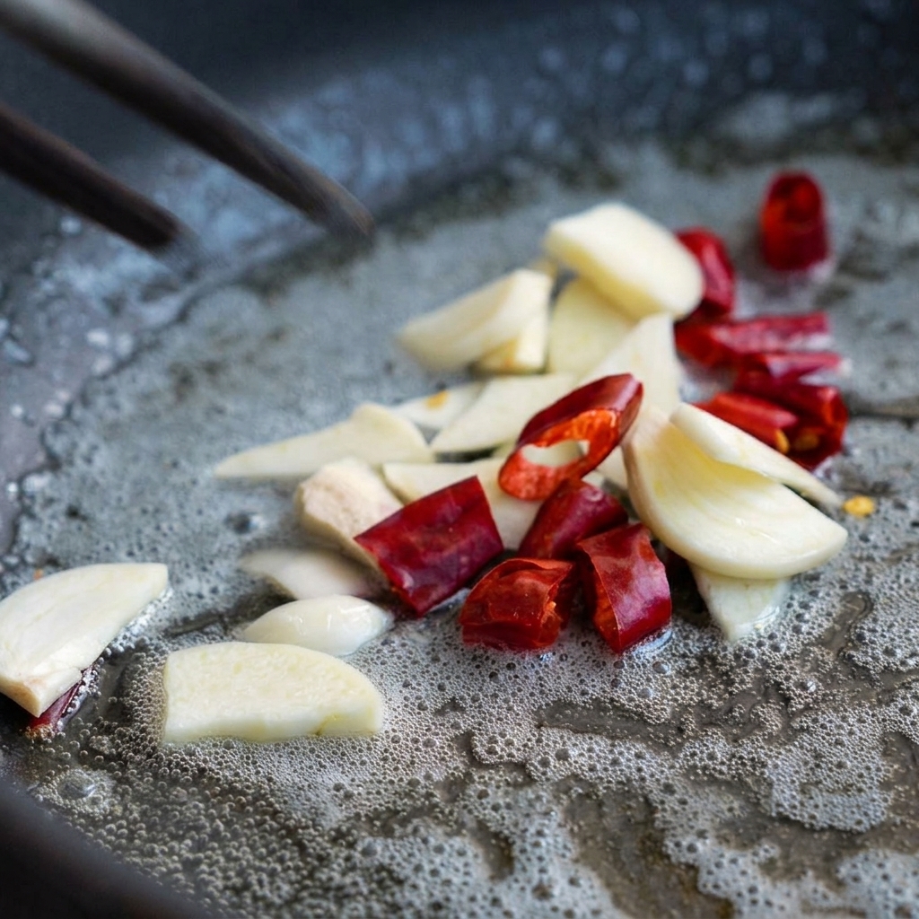 Knoblauchscheiben und rote Chilis brutzeln in geschmolzener Butter und werden mit Stäbchen gerührt.