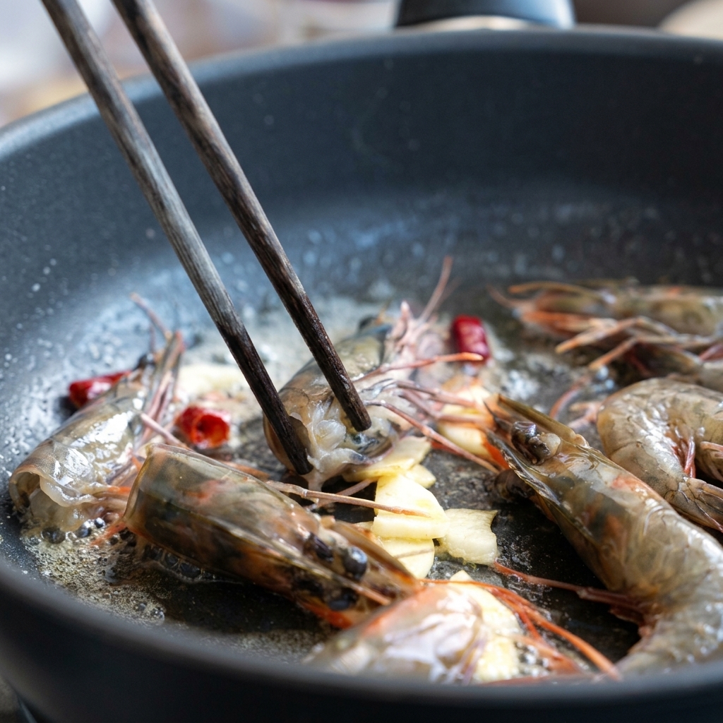 Garnelenköpfe werden mit Knoblauch und Chilis gebraten und geben leuchtend orangefarbenes Öl ab.