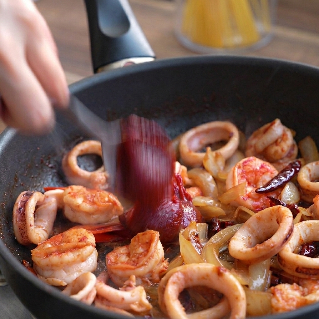 Ein Pfannenwender gibt einen Löffel dunkelrote koreanische Chilipaste in die Pfanne zu den Meeresfrüchten.