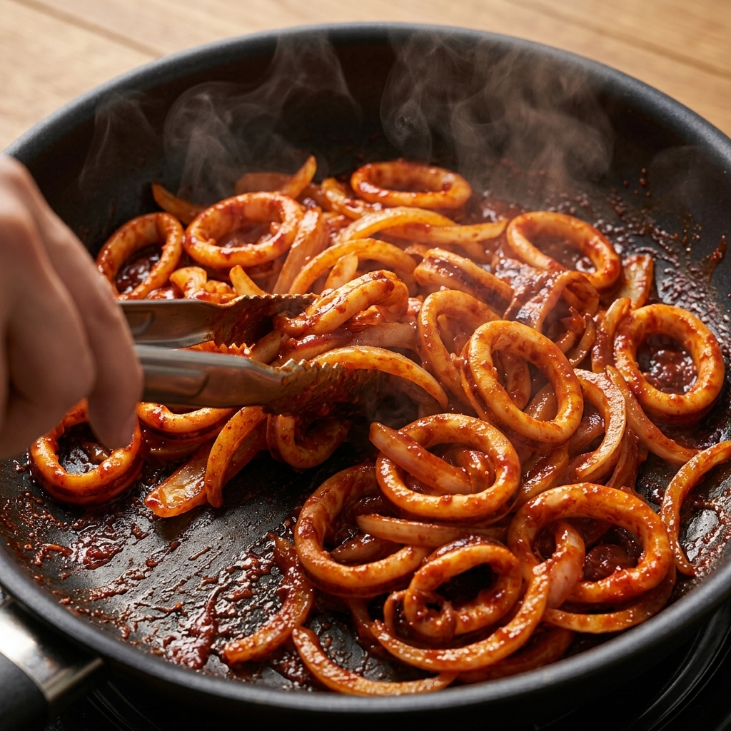 Meeresfrüchte werden mit Zangen gründlich in der roten Chilipaste gewendet.