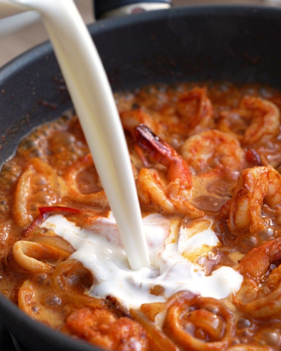 Ein weißer Strahl aus Milch und Sahne wird in die Pfanne mit der sprudelnden roten Sauce gegossen.