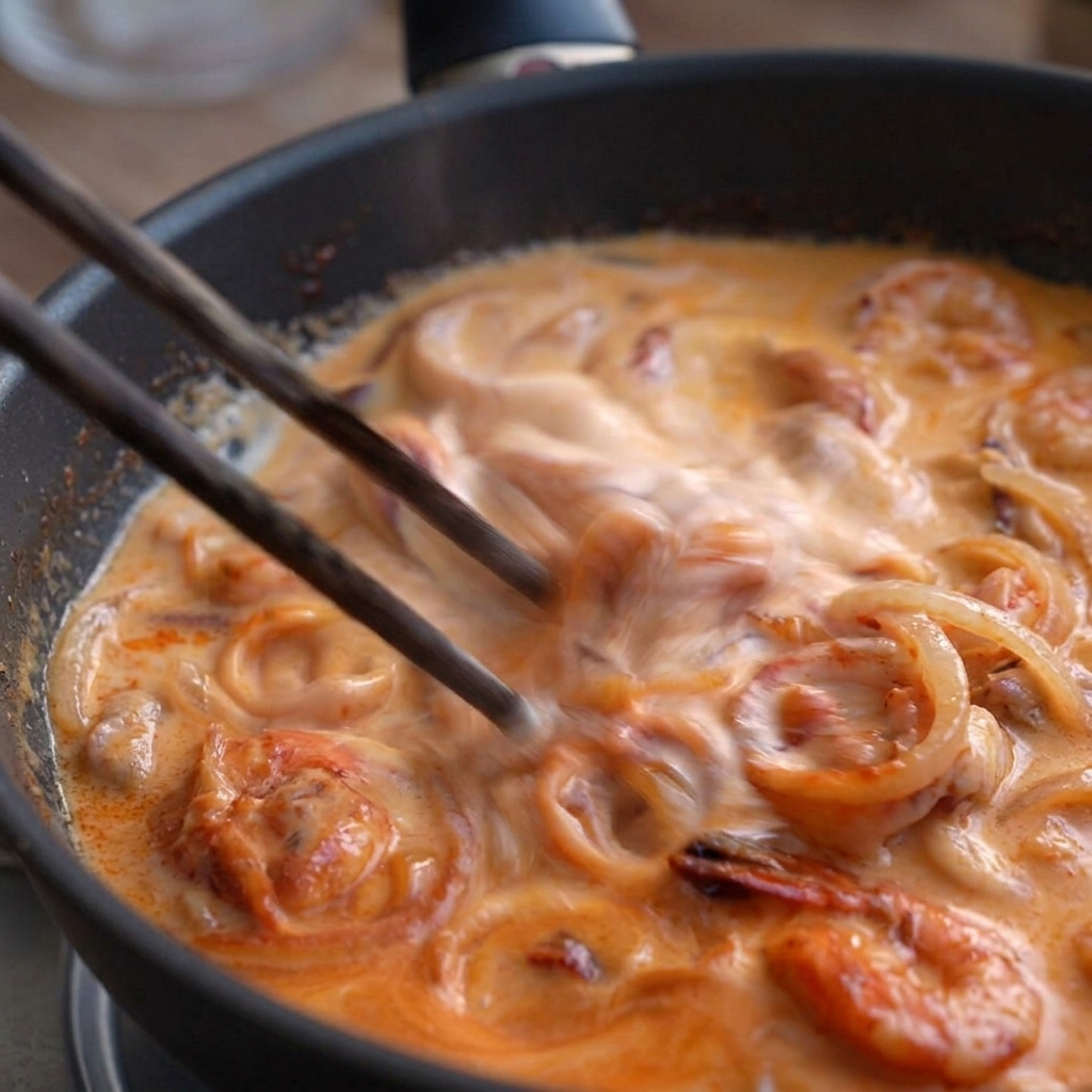 Orangefarbene cremige Sauce mit Meeresfrüchten wird mit Stäbchen gerührt.