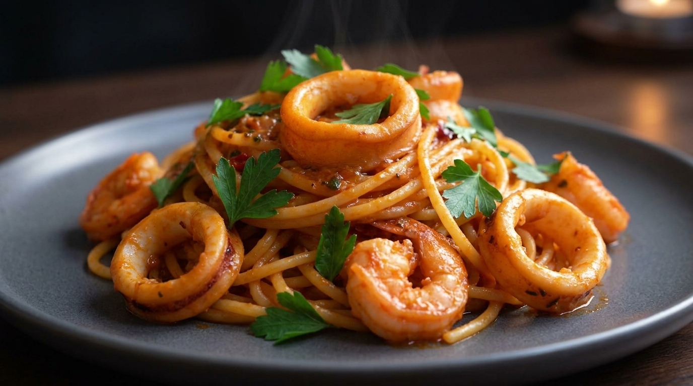 Scharfe cremige Meeresfrüchte-Pasta mit Gochujang-Sauce