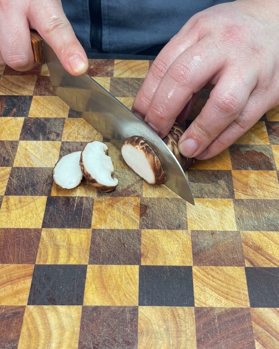 Ein Koch schneidet frische weiße Champignons auf einem Holzbrett in gleichmäßige Scheiben.