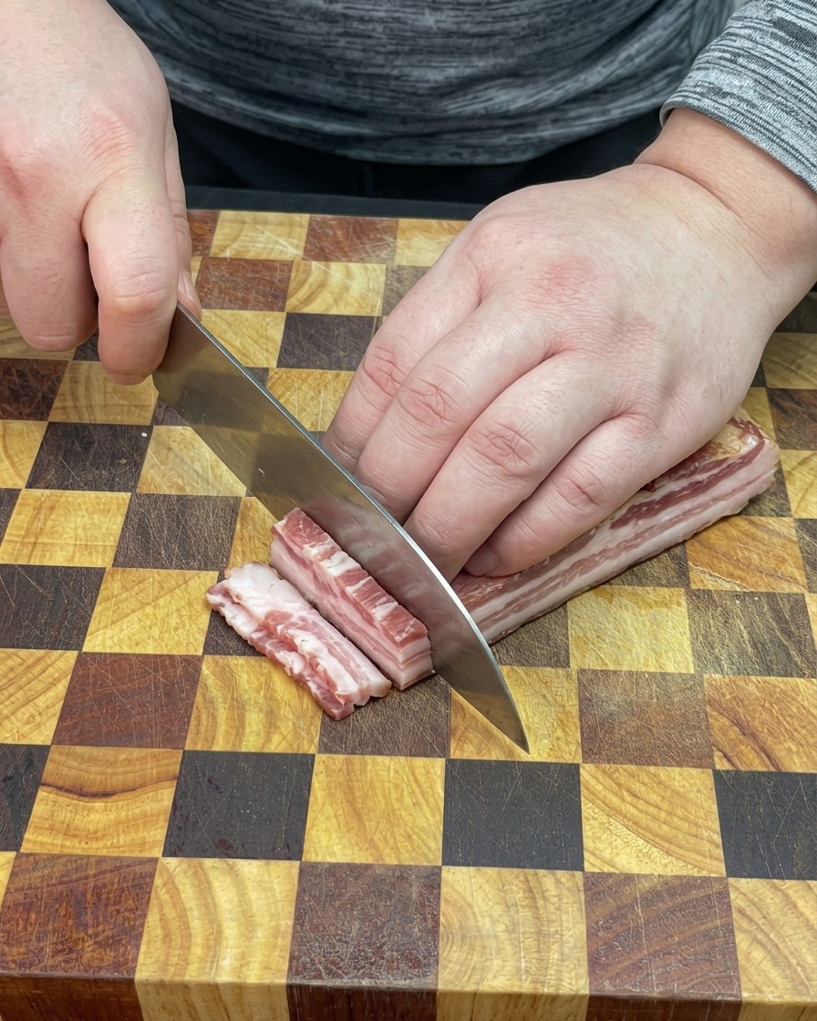 Ein scharfes Messer schneidet Streifen von rohem Speck in kleine Würfel.