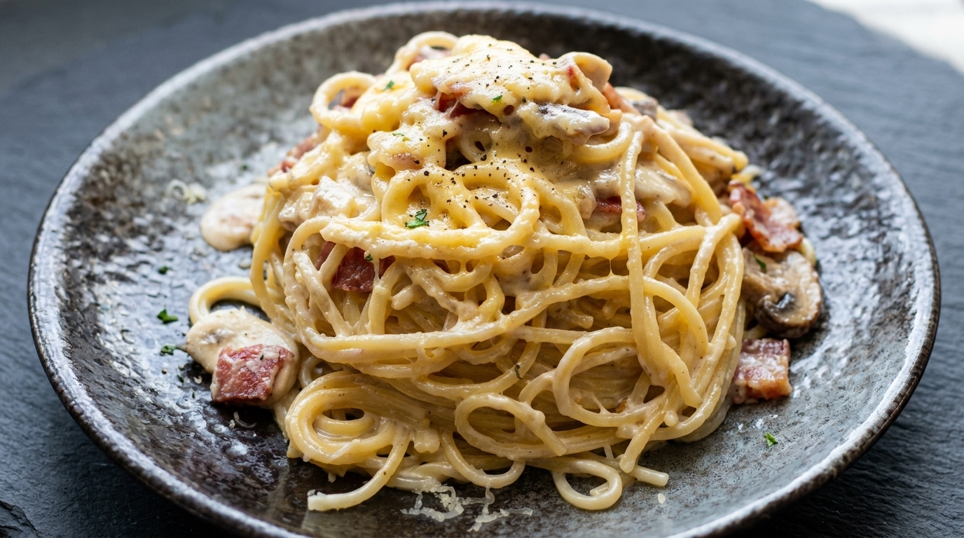 Cremige Carbonara mit Pilzen und Speck