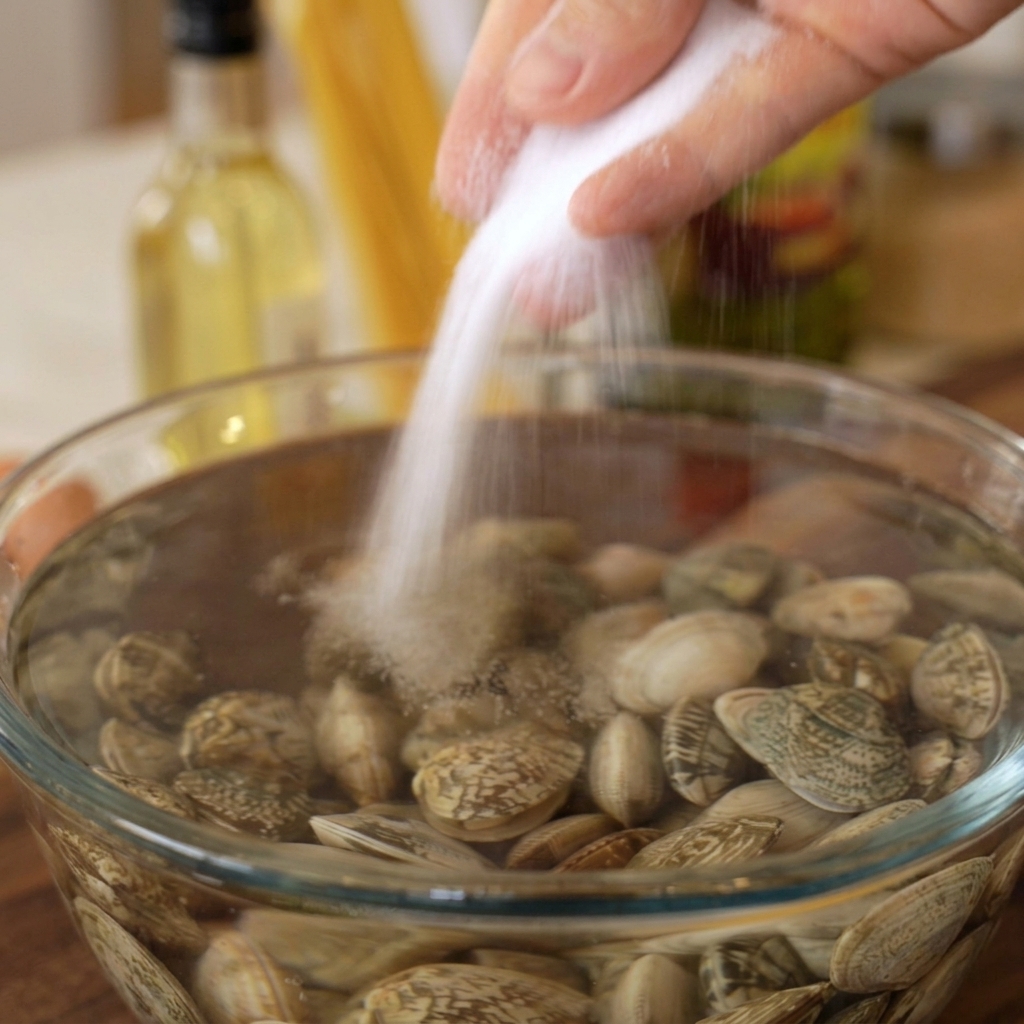 Eine Hand gibt großzügig Salz in eine Glasschüssel mit kaltem Wasser und frischen Venusmuscheln.