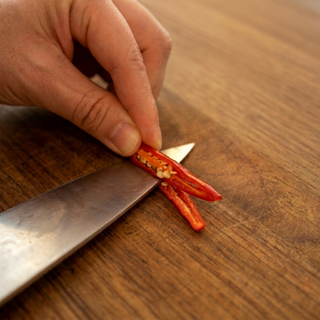 Eine Hand hält eine halbierte rote Chilischote und kratzt mit einem Messer die Kerne heraus.