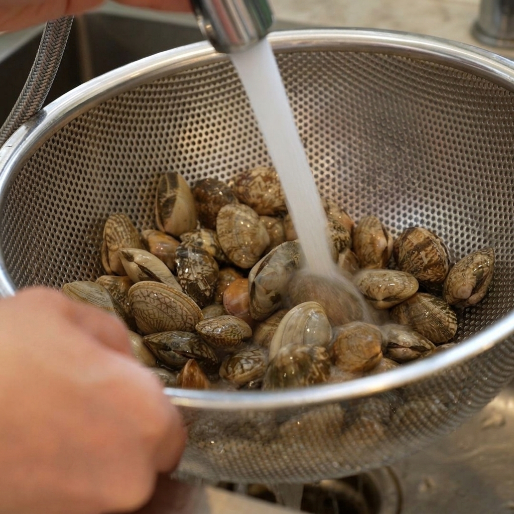 Venusmuscheln werden in einem Metallsieb unter fließendem kaltem Wasser abgespült.