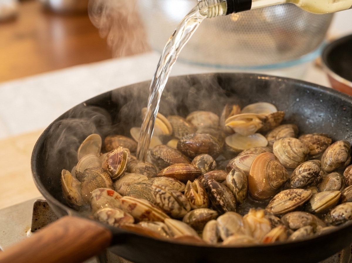 Trockener Weißwein wird aus einer Flasche über die dampfenden Muscheln in die Pfanne gegossen.