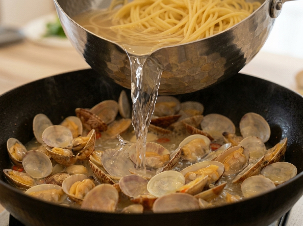 Gekochte Spaghetti und etwas Pastawasser werden in die Pfanne zu den Muscheln gegeben.