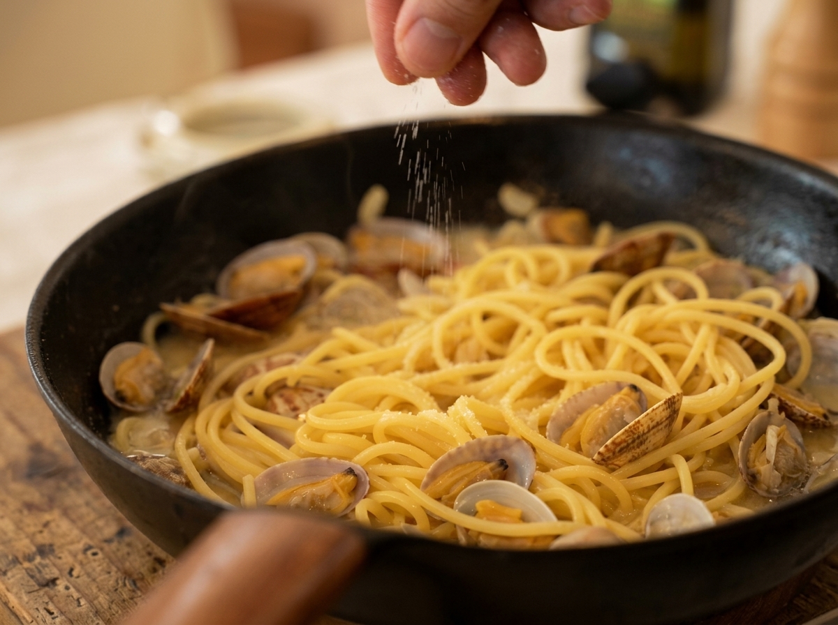 Eine Hand streut Gewürze über die Pfanne mit Spaghetti und Muscheln.