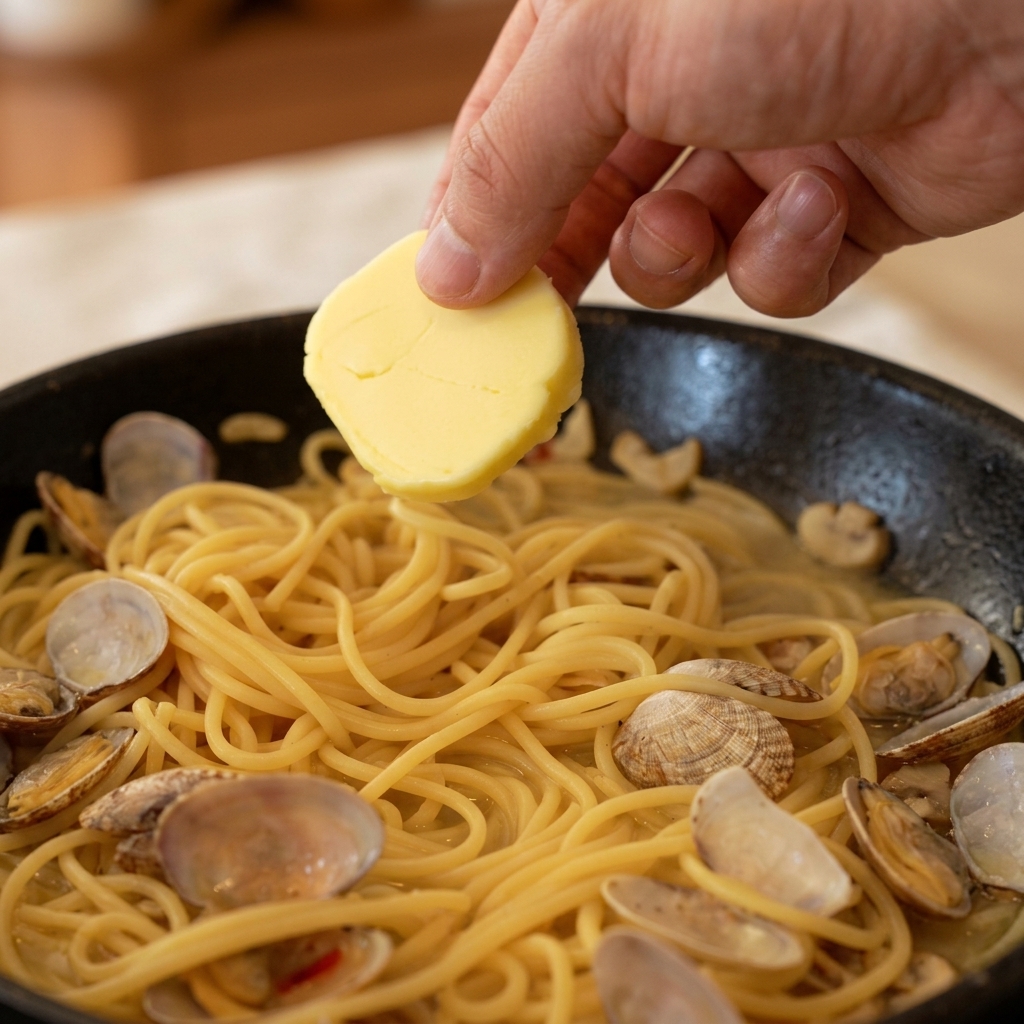Ein Stück Butter wird über die heißen Spaghetti in der Pfanne gehalten.