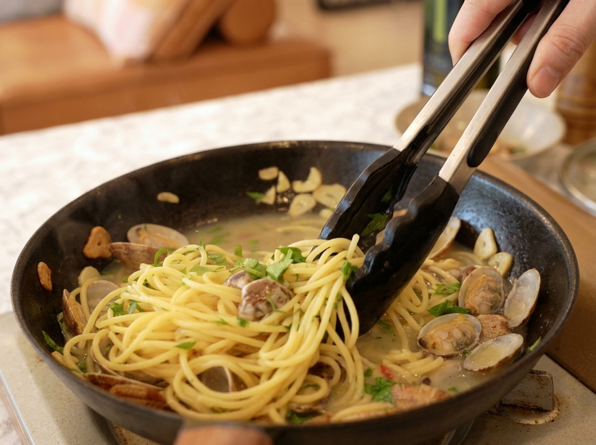 Spaghetti, Muscheln und Petersilie werden in der Pfanne mit einer Zange vermengt.