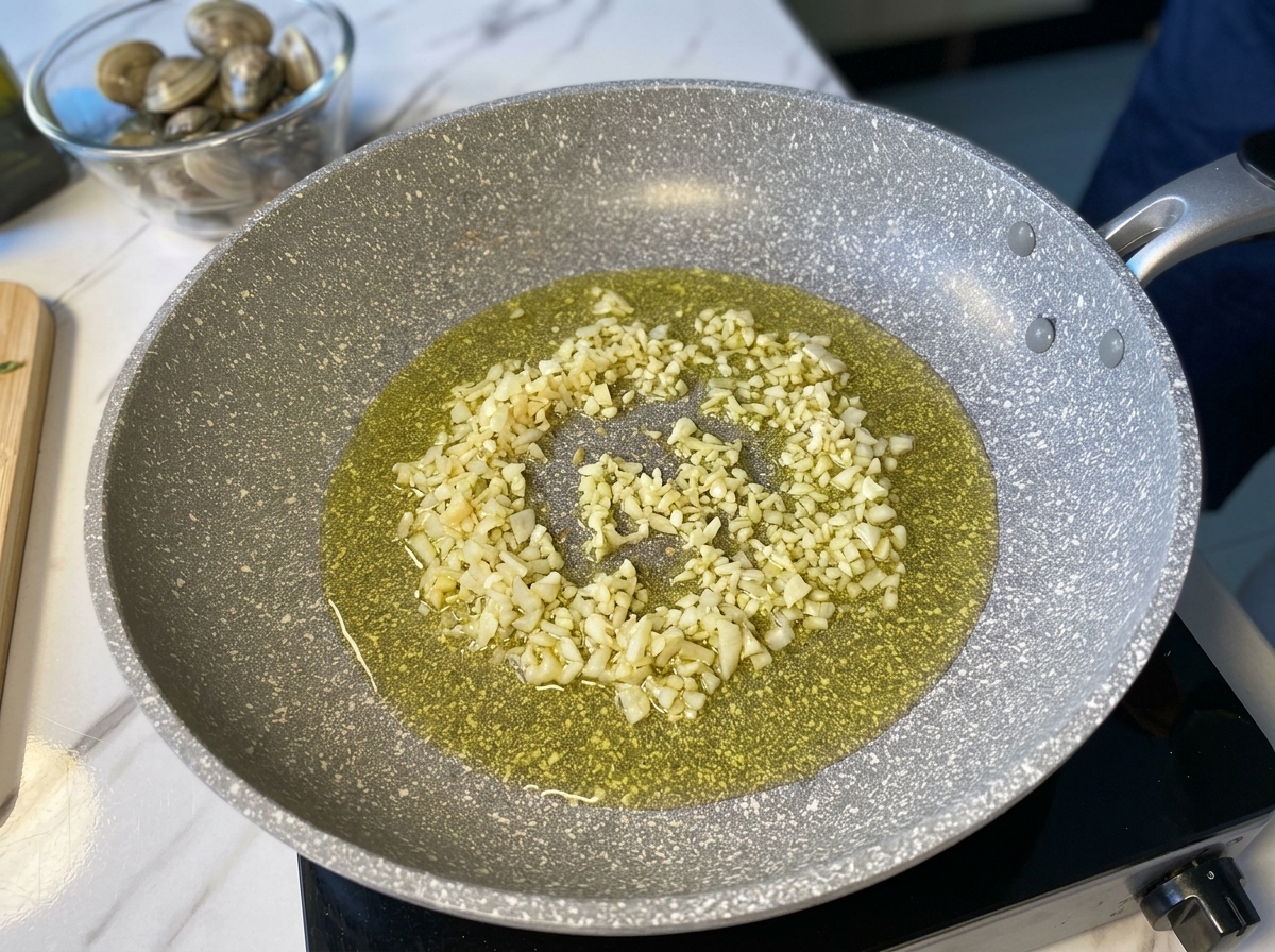 Gehackter Knoblauch und Zwiebeln brutzeln sanft in Olivenöl in einer grau gesprenkelten Bratpfanne.