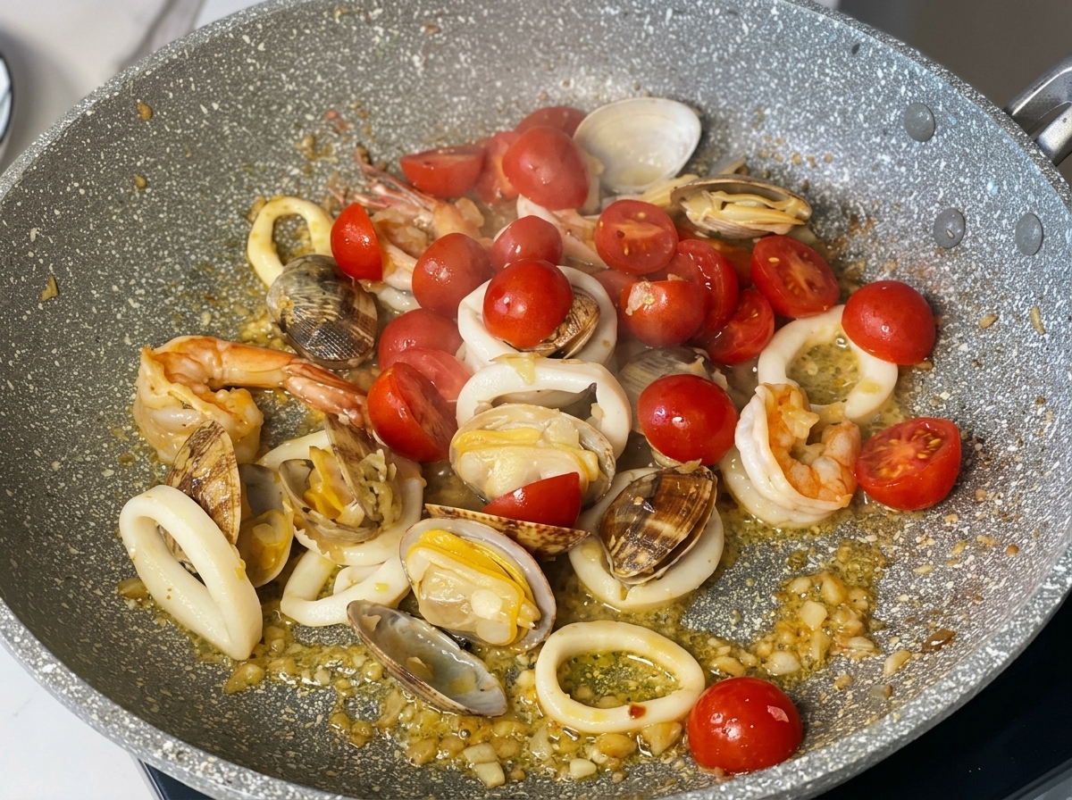 Halbierte, leuchtend rote Kirschtomaten kochen in einer Pfanne zusammen mit Muscheln, Garnelen und Tintenfischringen.