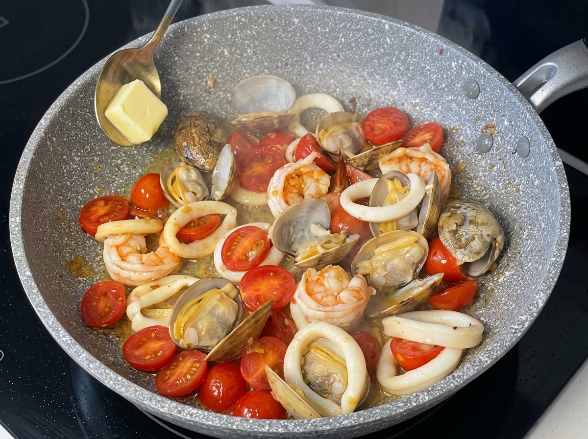Ein Löffel mit gelber Butter wird in eine Pfanne mit gekochten Meeresfrüchten und Kirschtomaten gegeben.