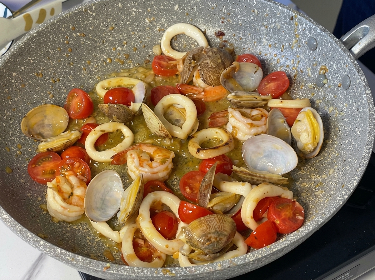 Garnelen, Tintenfischringe, ganze Muscheln und halbierte Kirschtomaten köcheln in einer buttrigen Weißweinsauce in einer gesprenkelten Pfanne.
